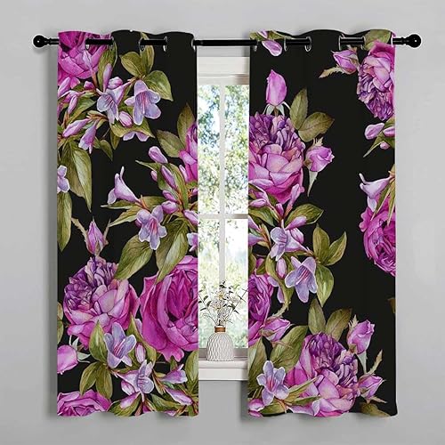 Cortinas para Cocina Dark Floral Grommet Short Blackout Curtain for Door Cortinas para Ventanas De Cuarto 63Inch Width by 63Inch Length,2 Panels