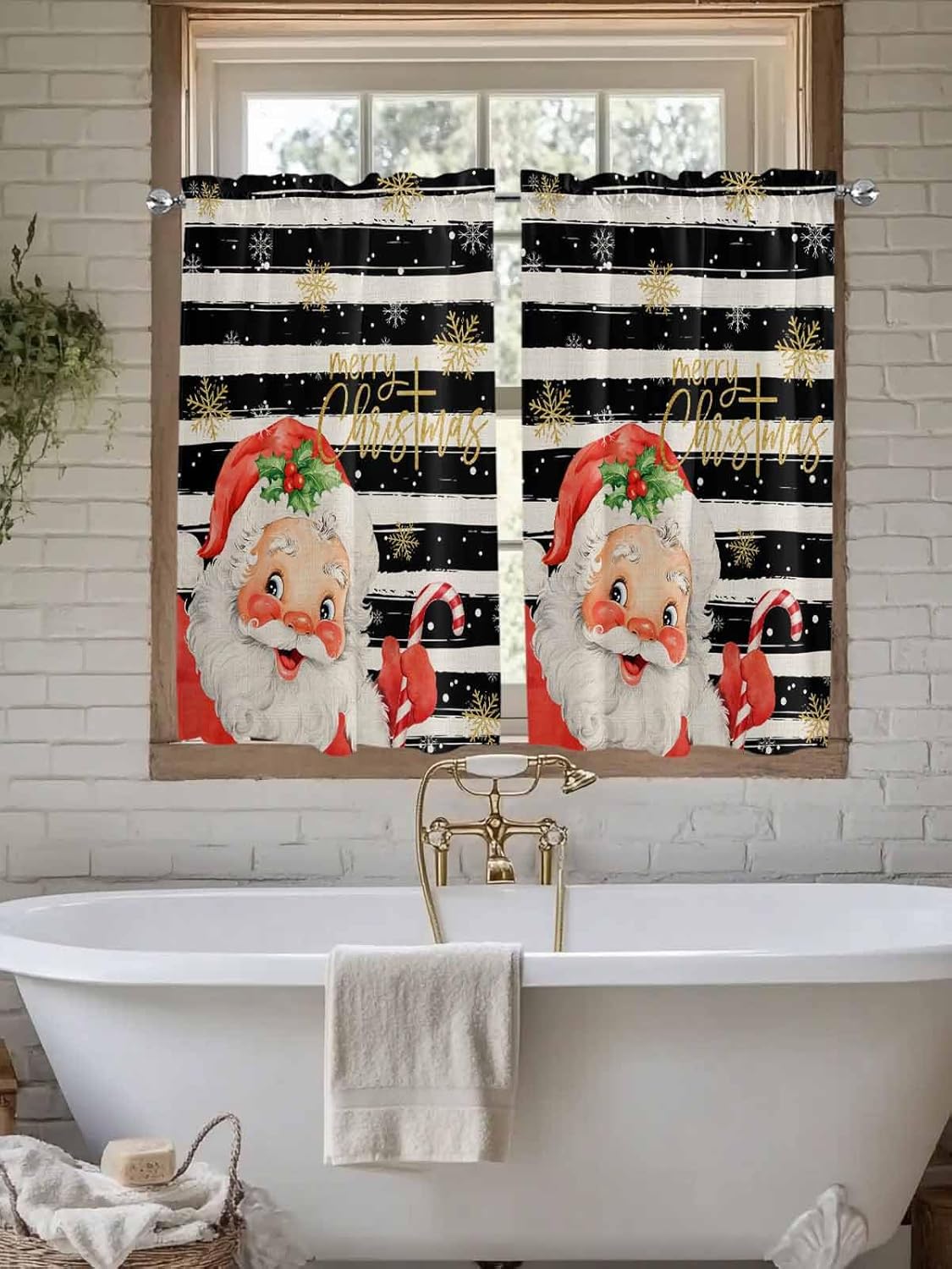 Santa Kitchen Curtain 2 Panels Curtains 45 Inch Length, Christmas Geometric Black Stripes Snowflake Curtains Rod Pocket Curtains Window Drapes Treatment Window Cafe Curtains 104''x45''
