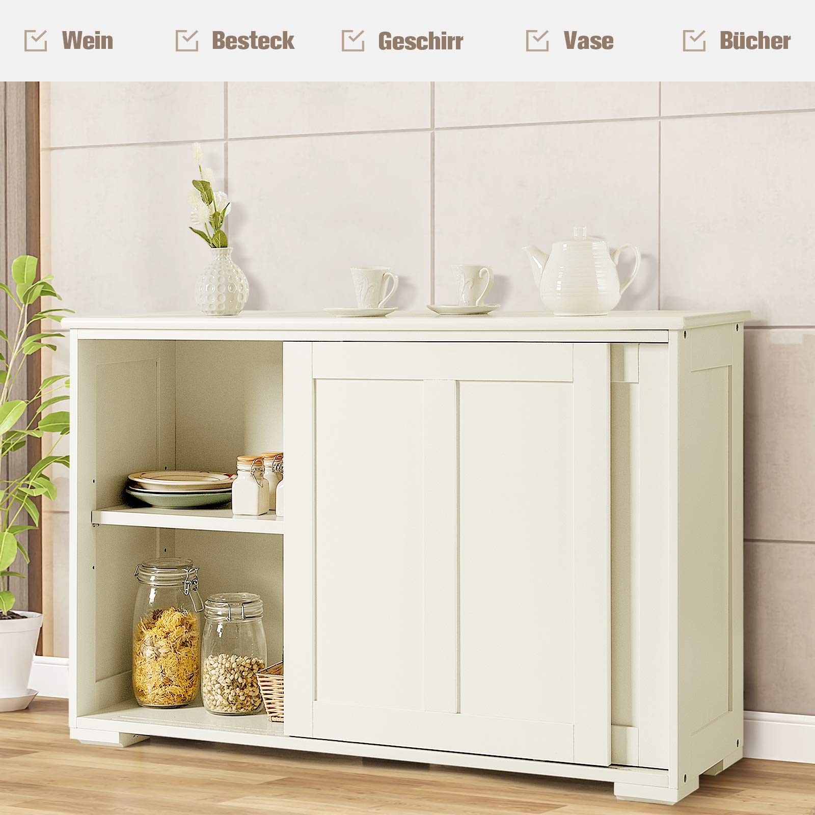 DREAMADE Küchenschrank Holz Küchenregal, Küchenkommode mit Schiebtüren, Unterschrank Beistellschrank, Schrank für Wohnzimmer Küchen Schlafzimmer Bad (Weiß)