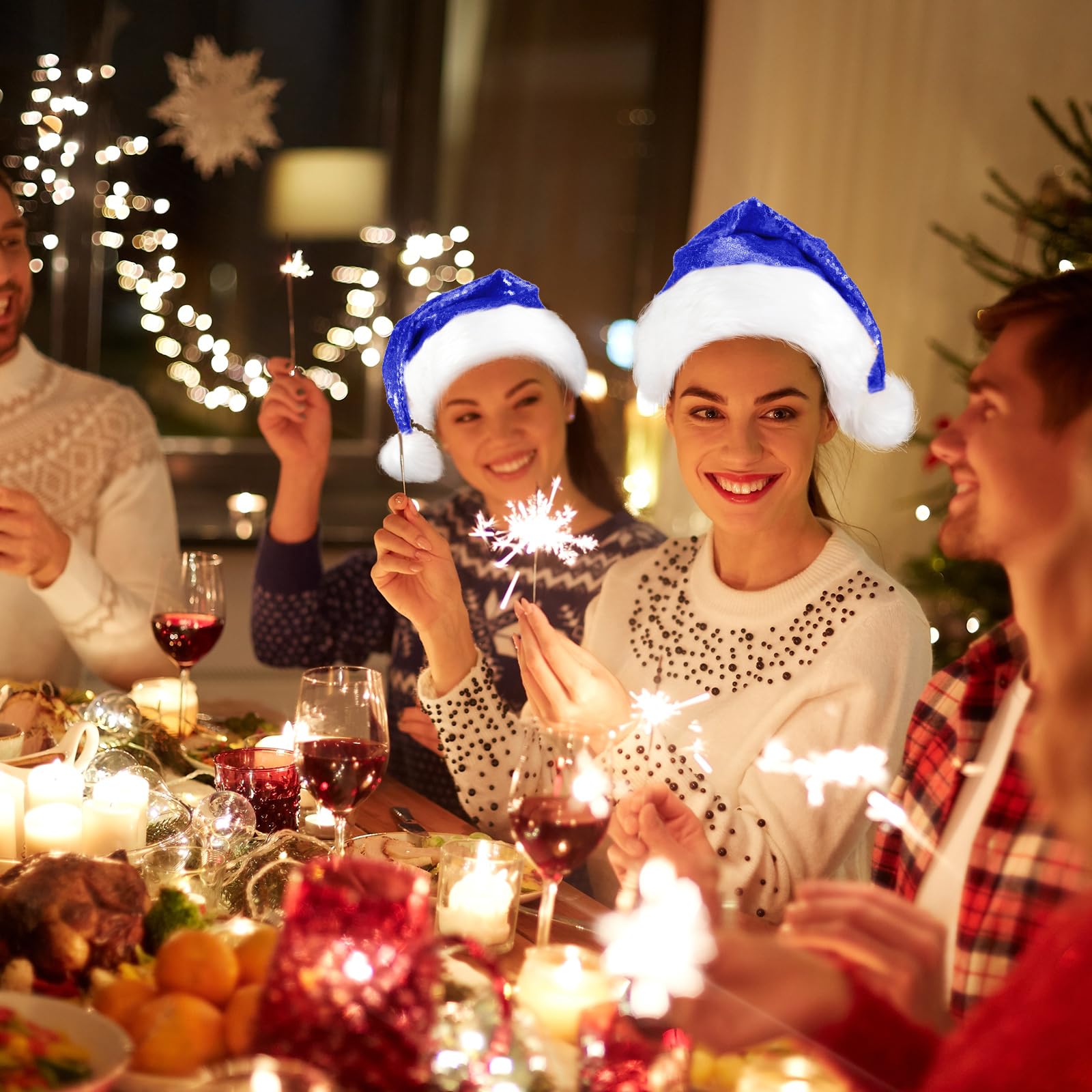 SATINIOR 6 Pièces Chapeau de Père Noël Chapeau de Noël Bonnet de Père Noël pour Adultes Unisexe avec Doublure Bord en Peluche pour Noël Nouvel An