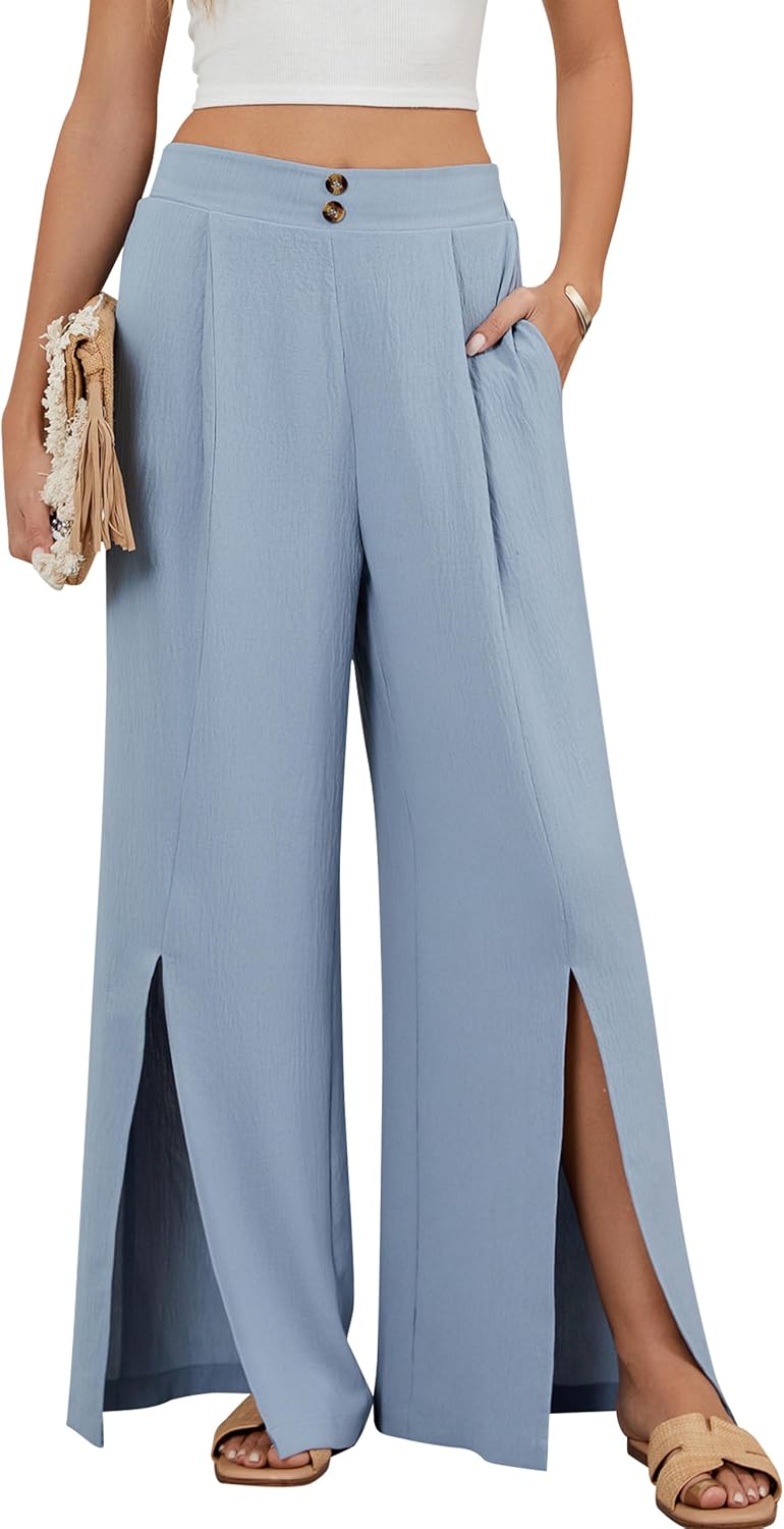 Blooming Jelly Women Palazzo Pants Wide Leg Center Split Casual Pants Flowy Elastic High Waisted Trousers Vacation Outfits