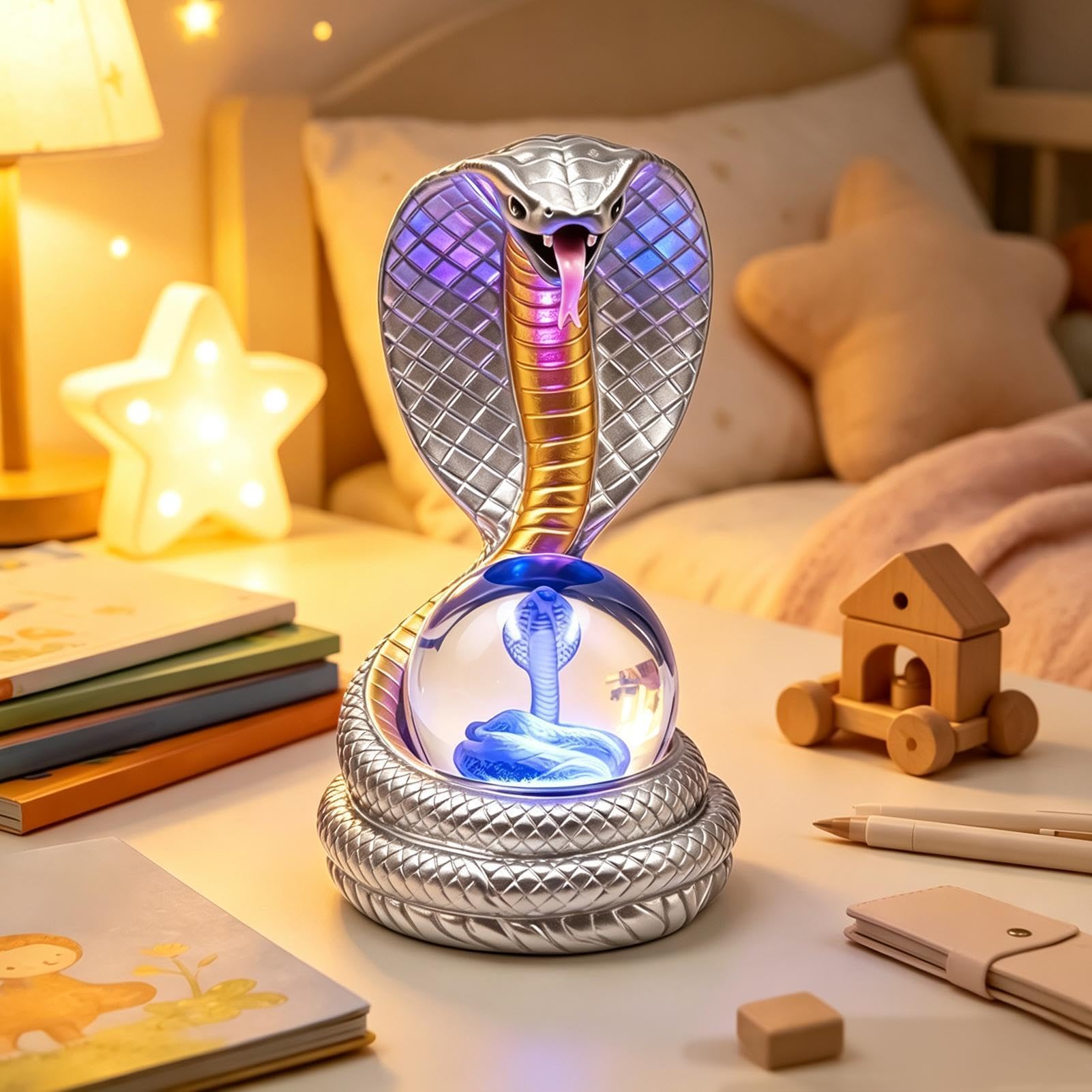Lampada per comodino Decorazione da scrivania in resina con alimentazione | Lampada Scrivania Re del Serpente dagli Occhiali Per Ufficio Domestico Dormitorio Appartamento Camera da Soggiorno S