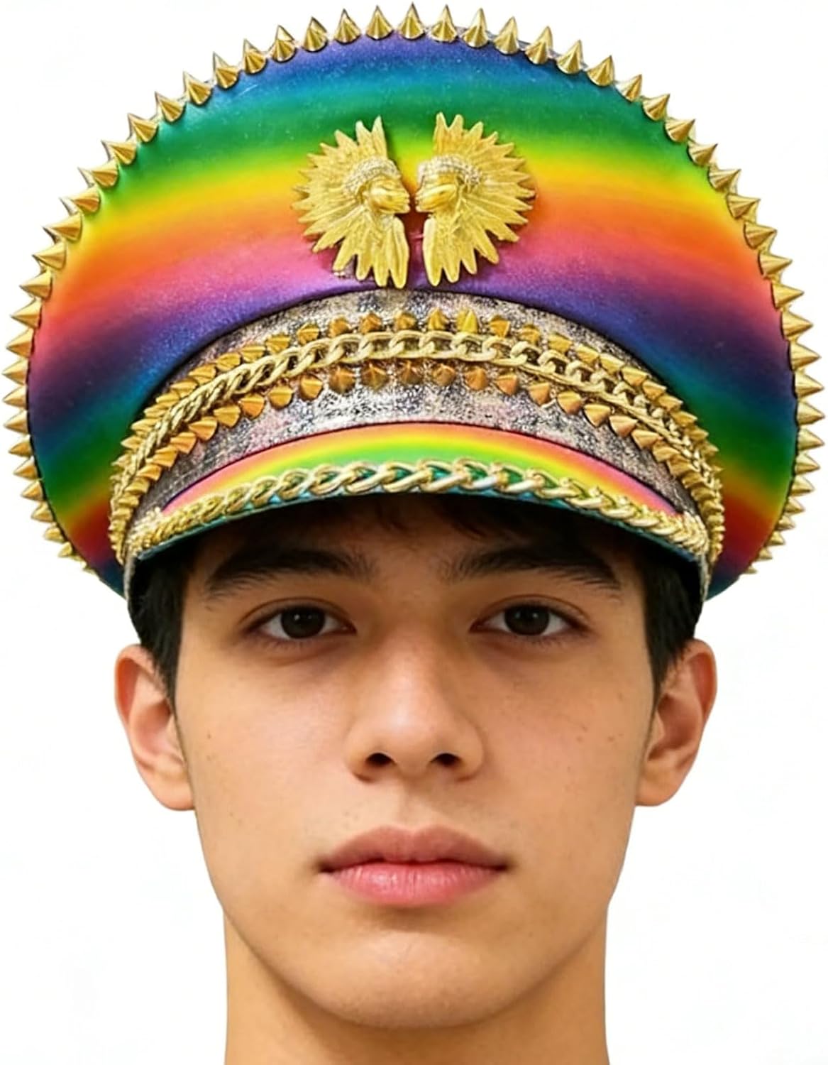 Rainbow Pattern Bucket Hat with Decorative Rhinestones Rivets for Big Head Size Ensuring Comfortable Wear Festival Hat