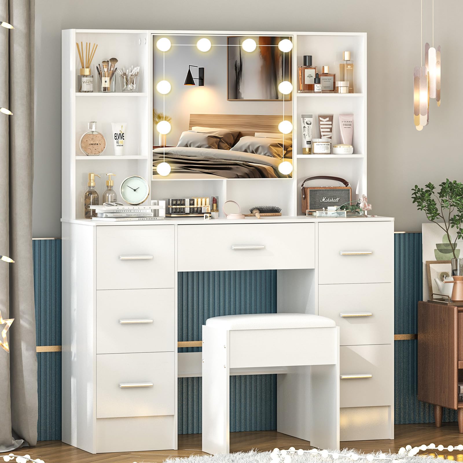 Toaletka z lustrem, toaletka z oświetleniem LED, biurko Vanity do makijażu, 3 kolory z regulacją jasności – 52