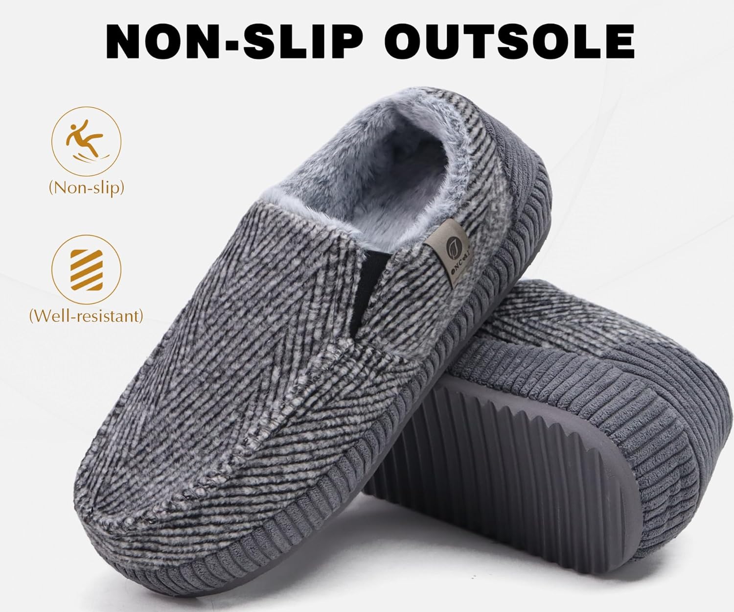 ONCAI Men's Slippers 2025 Cotton-Blend Moccasins Warm Closed Back Corduroy House Slippers Felt Fuzzy Indoor Outdoor Comfortale with High-Density Yoga Mat Rubber Soles Cotton Grey Size 13 - Image 5