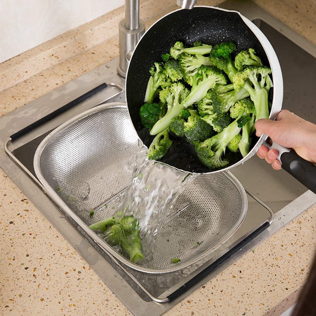 D L D - Colino ovale in acciaio inox di alta qualità con cestello a rete fine da 5,8 litri e manici in gomma espandibili, per scolare, filtrare e sciacquare frutta e verdura (modello The New)