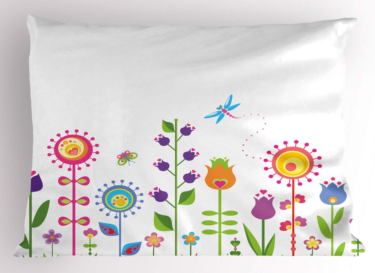 Ambesonne Cartoon Pillow Sham, Floral Fun Print with Colorful Flowers Illustration Whimsical Summer Ornament, Decorative Standard Size Printed Pillowcase, 26" X 20", Multicolor