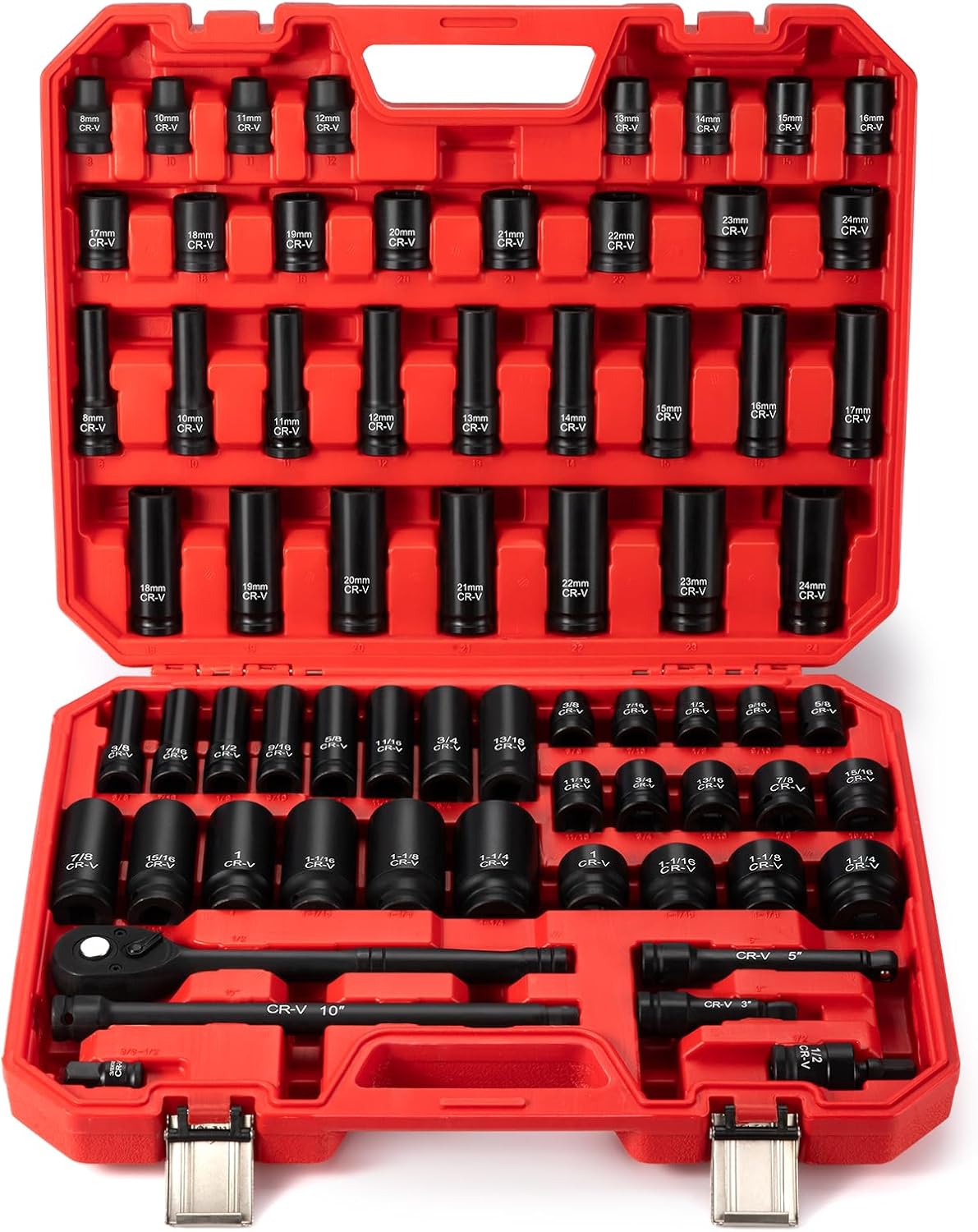 1/2" Drive Impact Socket Set 66-Piece, Standard SAE (3/8"-1-1/4") and Metric (8-24mm) Size, 6 Point Design, Premium Cr-V, 1/2” Drive Ratchet Handle, Drive Extension Bar and Impact Universal Joint