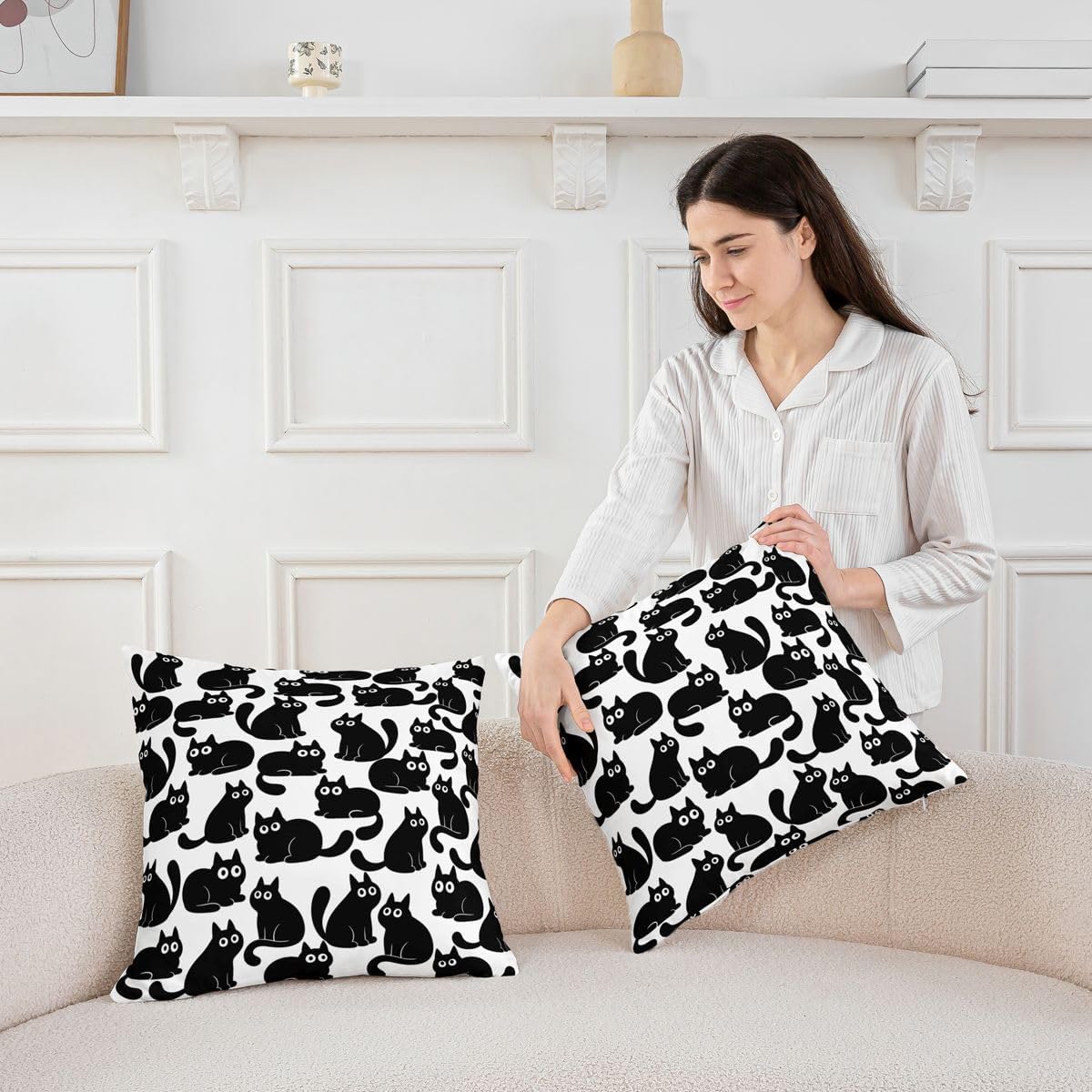 Castle Fairy Cartoon Black Cat Throw Pillow Covers (Pack of 2),Lovely Pet Animals Cushion Cover for Kids Boys Teens Funny Kitten Pillow Cases Anime Cats Living Room Sofa Bed Decor,20" Lx20 W image 3