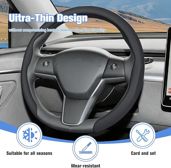 Car Nappa Leather Steering Wheel Cover, 15 Fashionable 5D Anti-Slip Vehicle Steering Wheel Protector, Breathable Auto Interior Decoration Accessories, Universal for Vehicles(Black