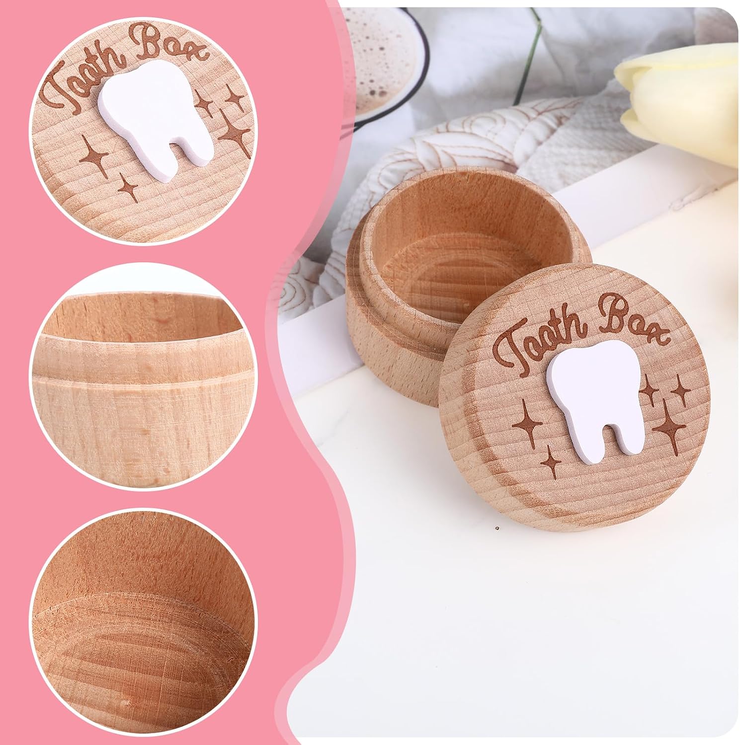 Tooth Fairy Box, Wood Storage Fairy, First Tooth Keepsake Box Teeth Keepsake Put Under Pillow, Dropped Tooth Keepsake, Gift for Boy Girl Baby (Original Wood Color)