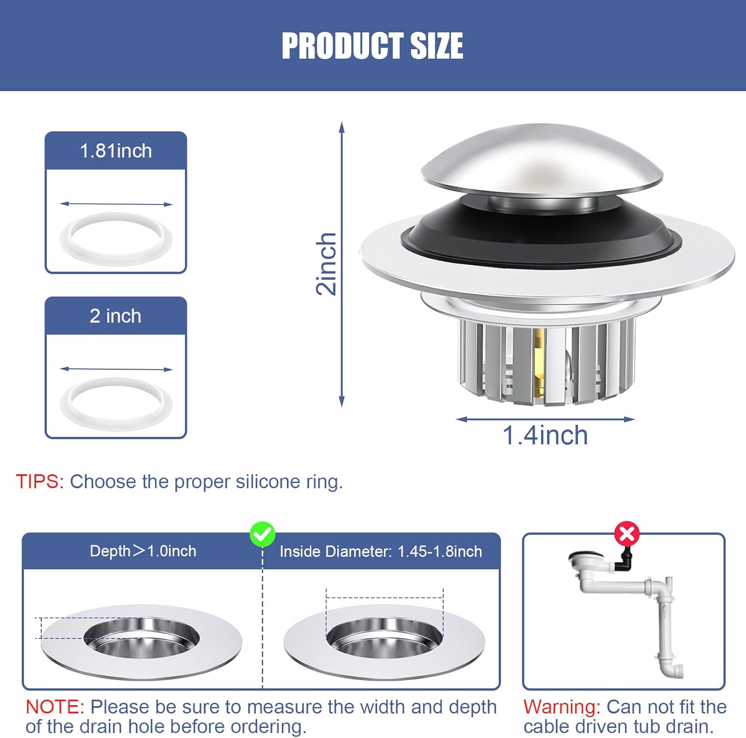 Upgraded 3 in 1 Bathtub Drain Stopper, Pop-Up Universal Drain Hair Catcher, Tub Stopper Bathtub Drain Strainer, Replaces Lift and Turn, Tip-Toe and Trip Lever drains, for 1.45-1.8" Bath Drain Hole - Image 2