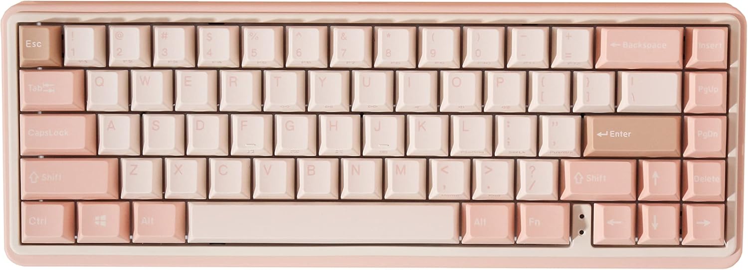 Top-down view of the Varmilo Minilo VXB67 keyboard, showing its 65% layout with pink and cream colored keycaps.