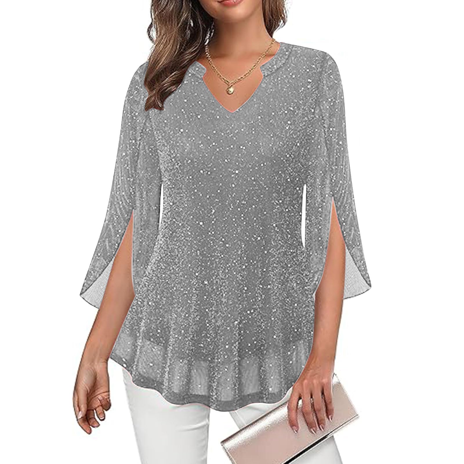 Ybing Camicette e tuniche da donna eleganti con glitter a 3/4, maniche a 3/4, con paillettes scollo a V, camicetta Y2K, tunica festiva, leggera, per feste, maglietta sottile con glitter