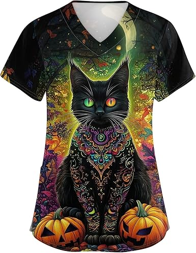 OIOLOYJM Halloween Christmas Scrub Tops Women Print V Neck Short Sleeve Plus Size Scrubs for Womens Shirts with Pockets