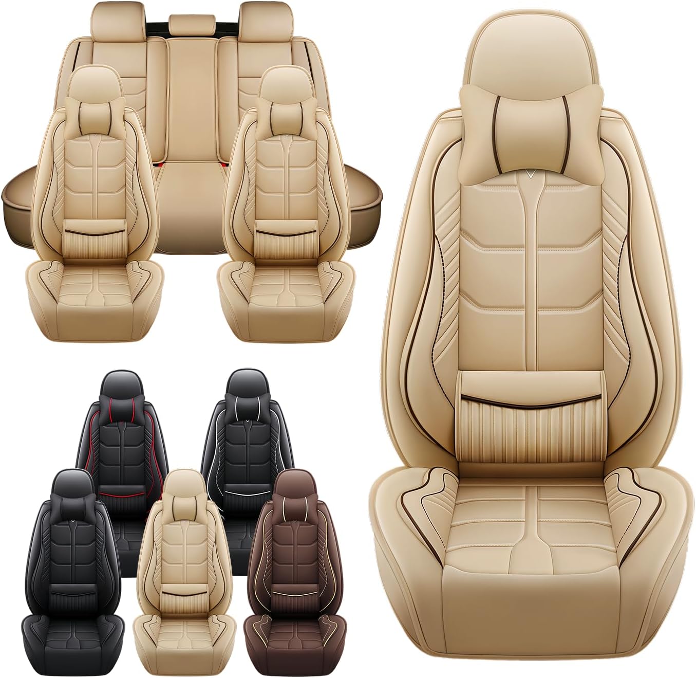 Leather Car Seat Covers Fit for Toyota Camry Solara 2004-2008, 5 Seater Car Seat Cover, Premium Waterproof, Scratch Resistant Car Interior Accessories (Full Set with Pillow Beige)
