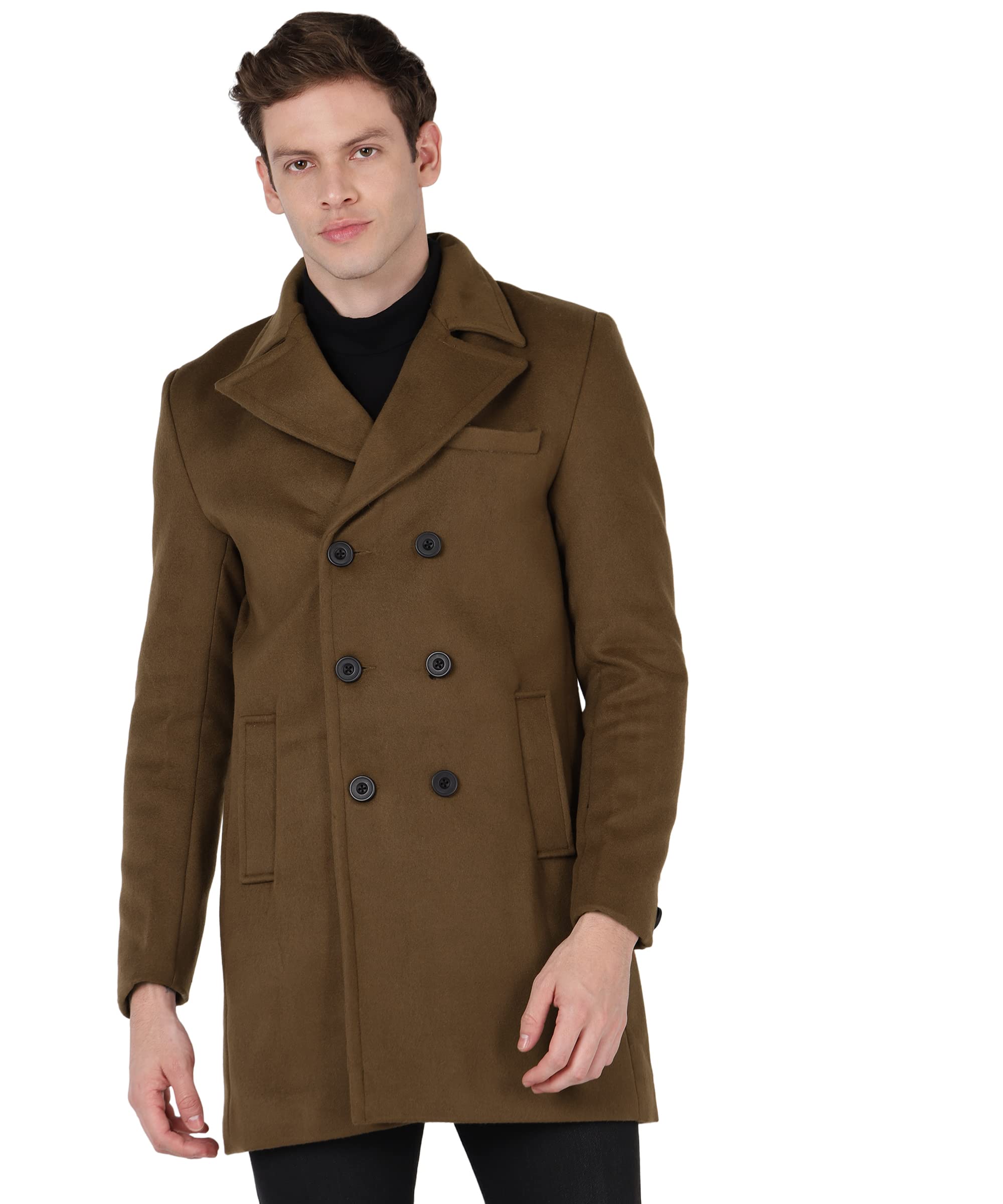 Buy ESSENTIELE Men's Khaki Brown Woolen Tweed Business Semi Long