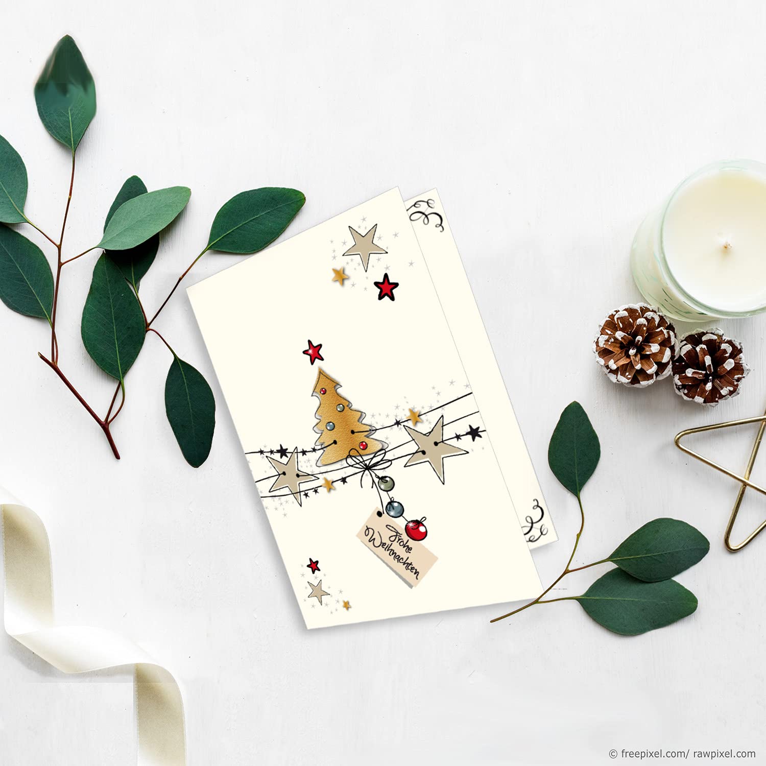 Set di 75 biglietti di Natale in formato DIN A7 con motivo Babbo Natale rosso – biglietti pieghevoli con buste abbinate DIN C7 bianco naturale con