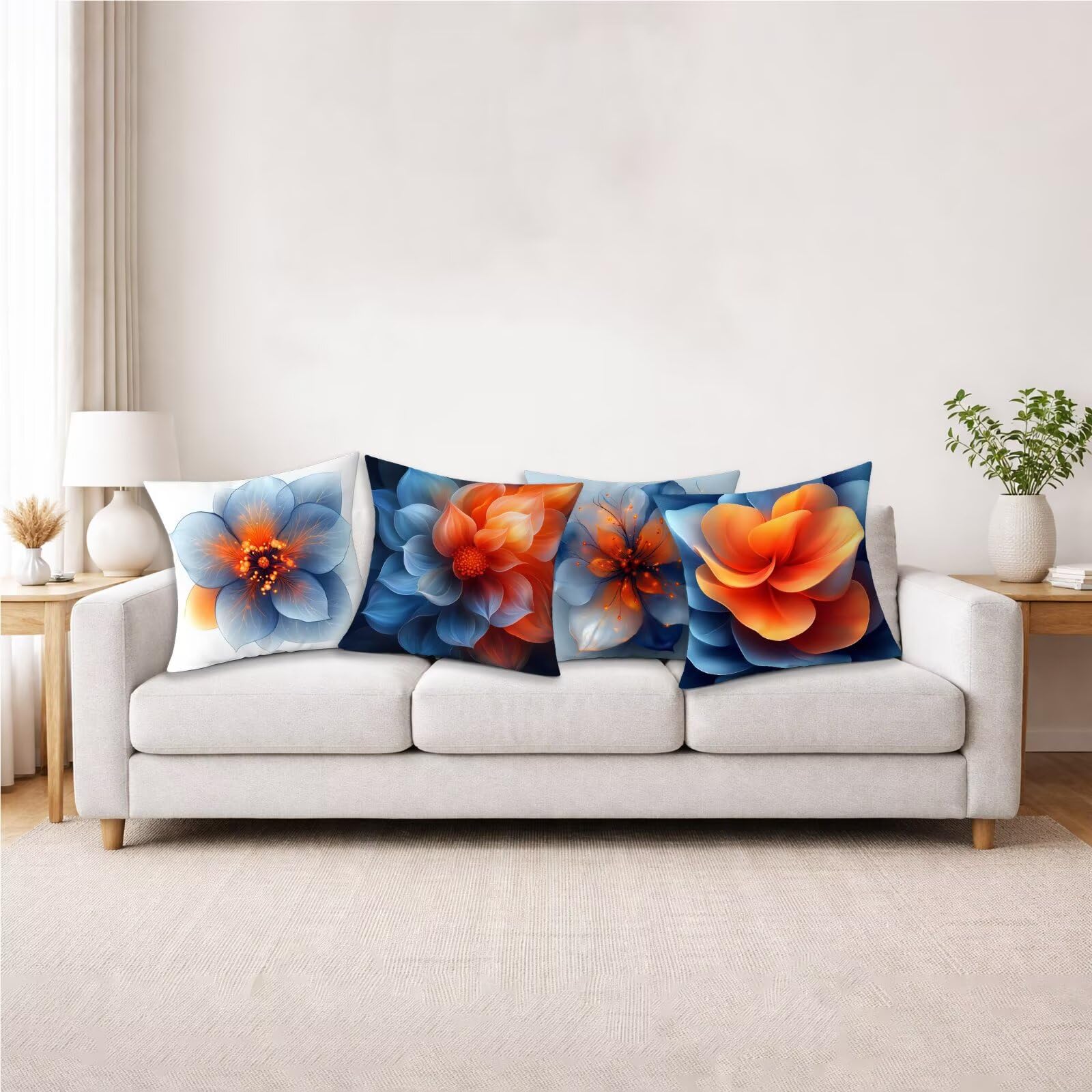 Poszewka na poduszkę kwiatowa, prosta poszewka na poduszkę na sofę 50 x 50 cm, zestaw 4 sztuk, kwadratowa poszewka na poduszkę, miękka poszewka na poduszkę z niewidocznym zamkiem błyskawicznym, na