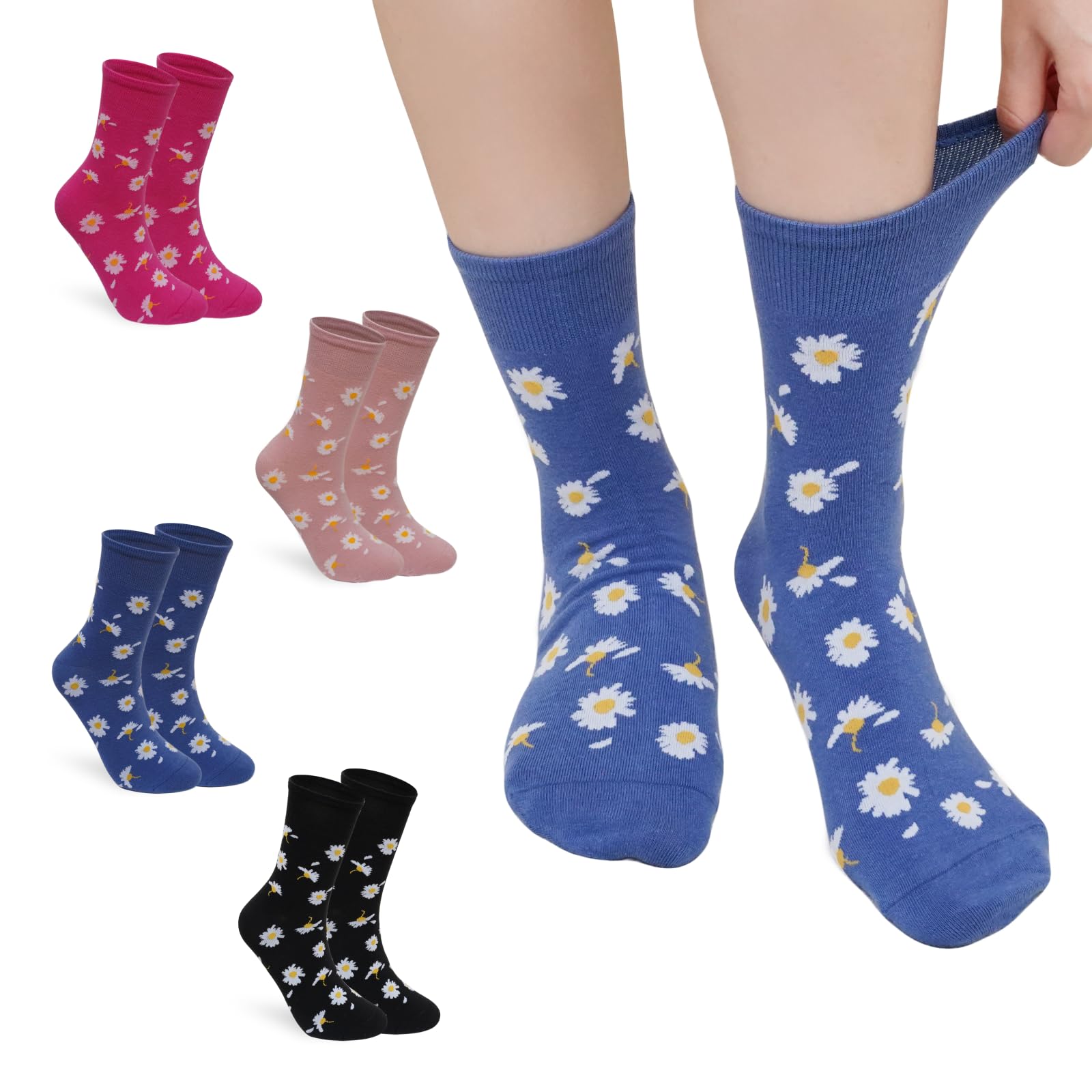 LOFIR Crew Comfort Socken für Damen: Gekämmte Baumwolle ohne Naht & Gummibund Socken Frauen - Weich Atmungsaktive mit Floralem Muster für Alltag Arbeit Reisen als Geschenkidee 4 Paar 39-46