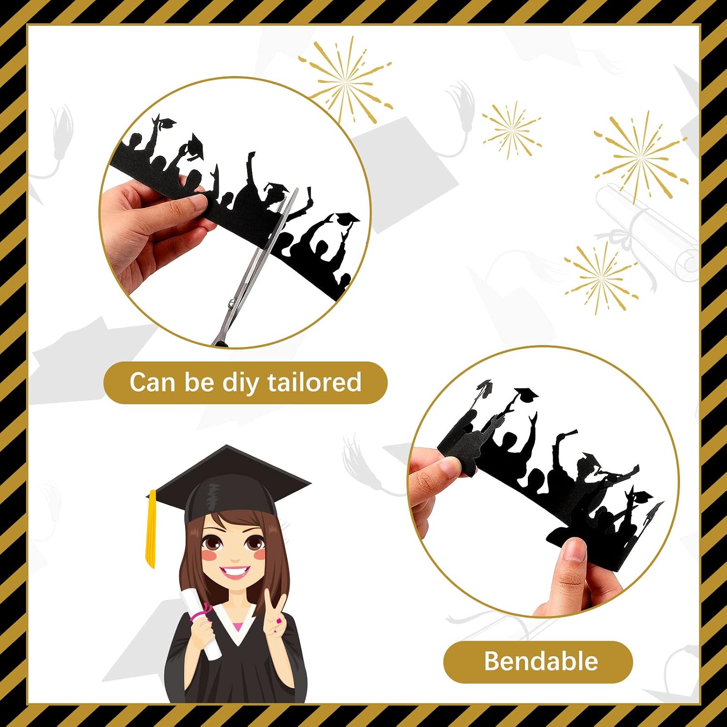 19 Pcs Glitter Graduation Cake Toppers Includes Class of 2026 Congrats Grad Cake Topper Border and DIY Glitter Star Cupcake Toppers for Grad Decorations, Black and Gold