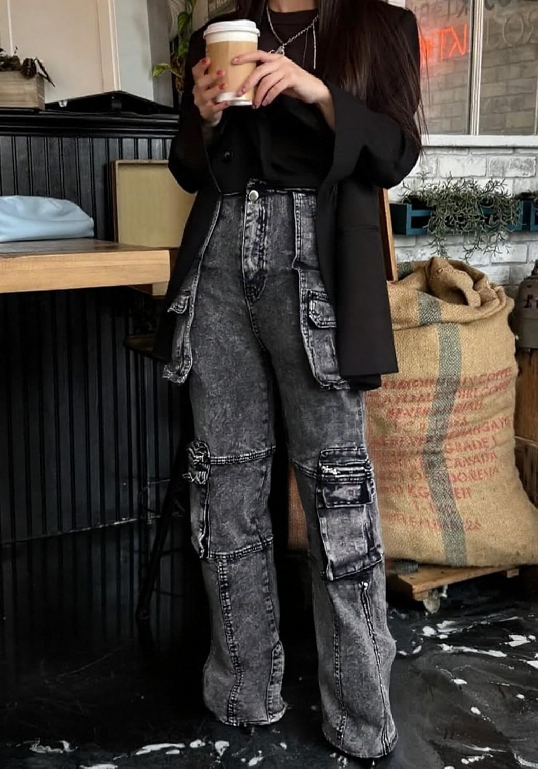 Vaceky Stretch Cargo Jeans Women Straight Leg Side Zipper Slit Denim Y2K Pants with Pockets - Image 4