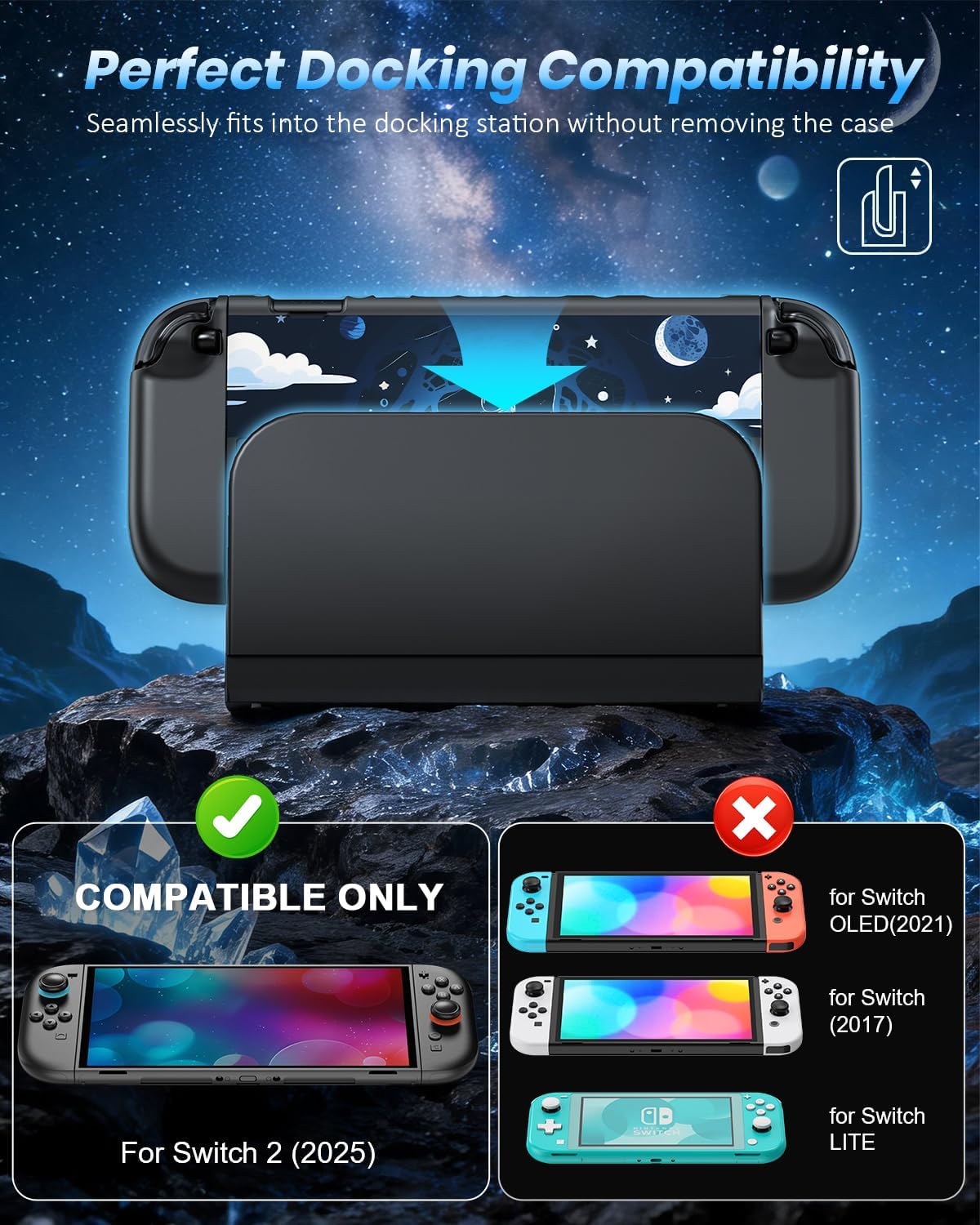 Protective Case for Nintendo Switch 2 with Space Pattern, Dockable Slim Cute Cover for Joycon and Console,Precision Kickstand Cutout, Detachable Separate PC Hard Shell