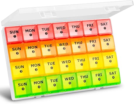 Large Monthly Pill Organizer, XL 4 Weeks Pill Box,28 Day Pill Cases Organizerd by Week,Big Compartment Pill Container with Dust-Proof,for Pills/Vitamin/Fish Oil/Supplements,by Yaklim ROYG