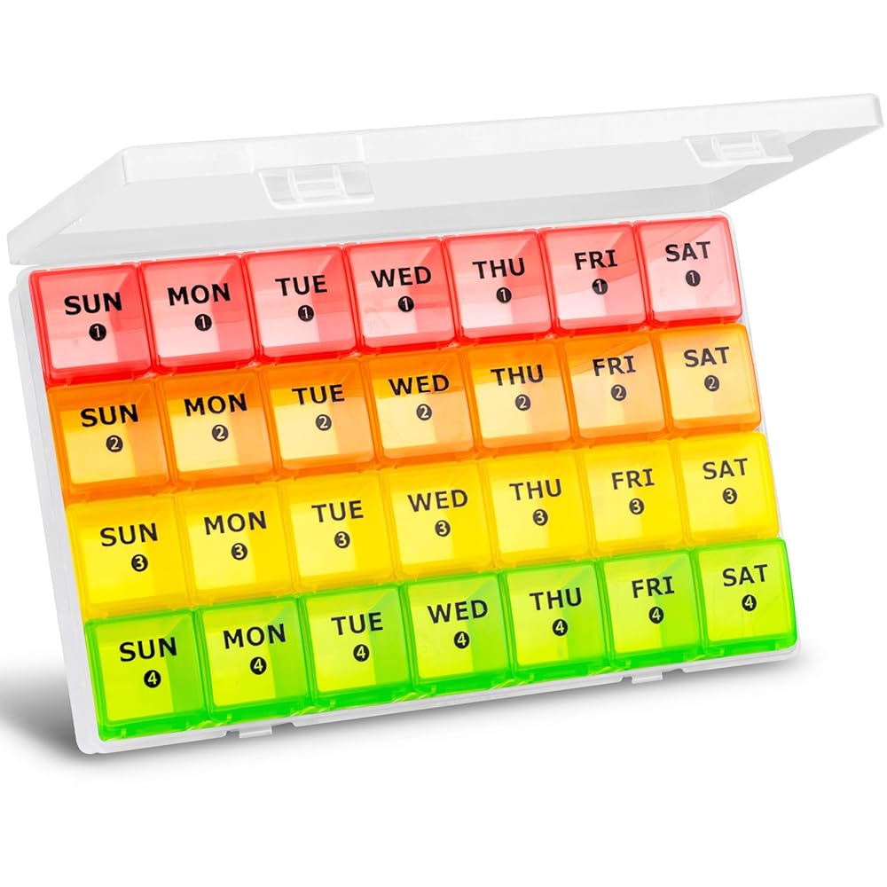 Large Monthly Pill Organizer, XL 4 Weeks Pill Box,28 Day Pill Cases Organizerd by Week,Big Compartment Pill Container with Dust-Proof,for Pills/Vitamin/Fish Oil/Supplements,by Yaklim (ROYG)