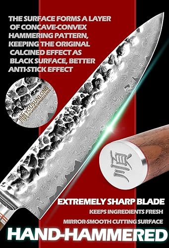 Miniatura 3 de YOUSUNLONG Cuchillo de chef de 8 pulgadas, cuchillos de cocina profesionales de acero de damasco martillado japonés - afilado - mango de nogal