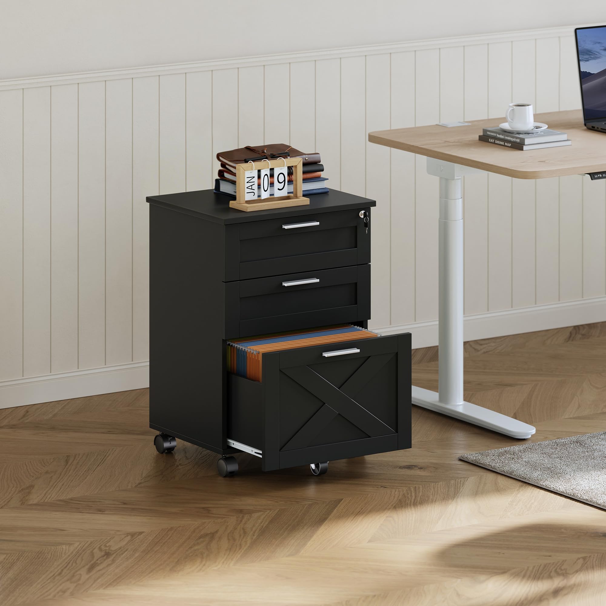 Archivador móvil con cerradura para oficina - 3 cajones robustos - Gabinete bajo escritorio con ruedas 360° - Para documentos carta/legal/A4 - Almacenamiento resistente y diseño profesional - negro