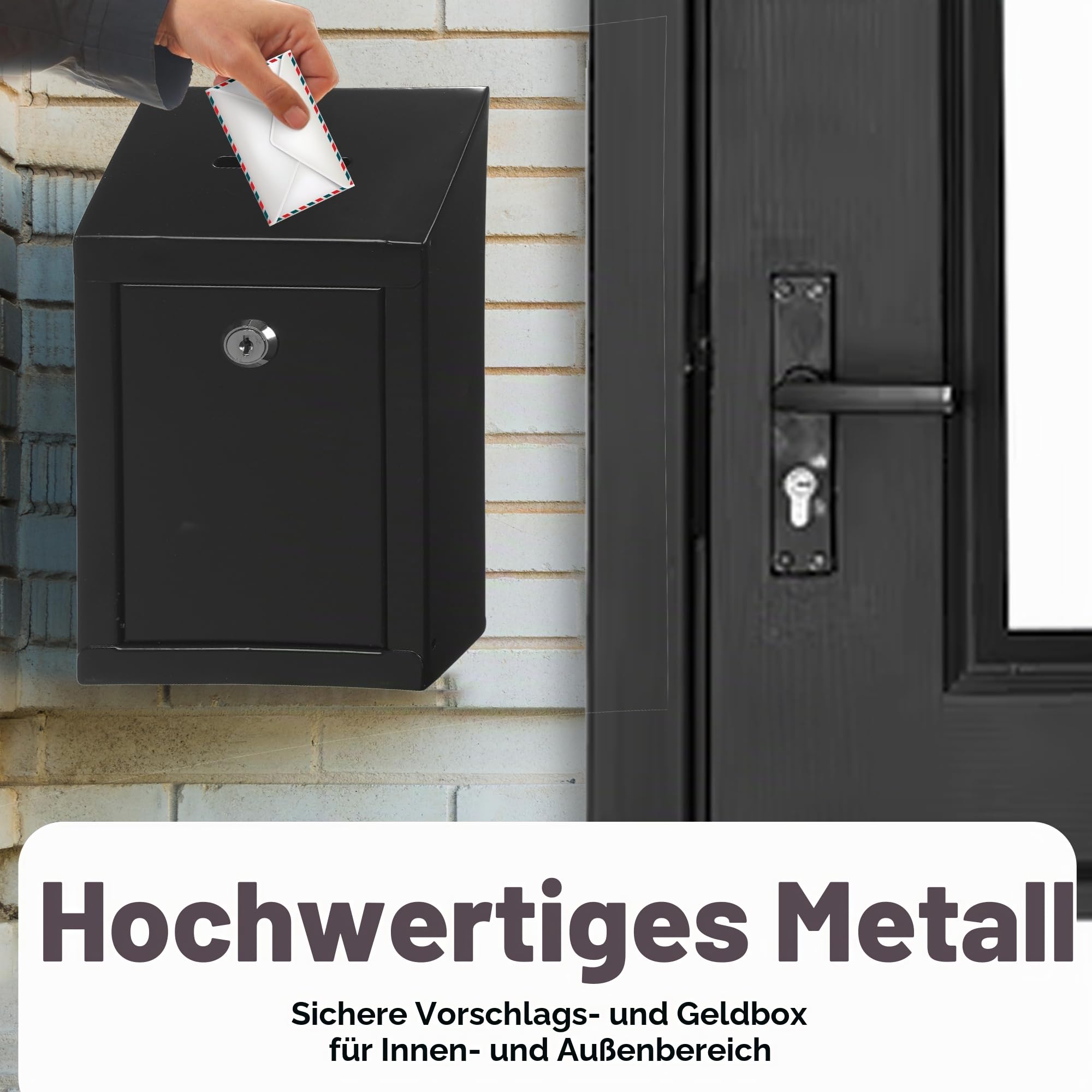 Metall-Spendenbox – Stahl-Sammelbox mit sicherem Schloss, 2 Schlüssel, Wandhalterung, 25,4 x 15,2 x 6,3 cm (Schwarz)