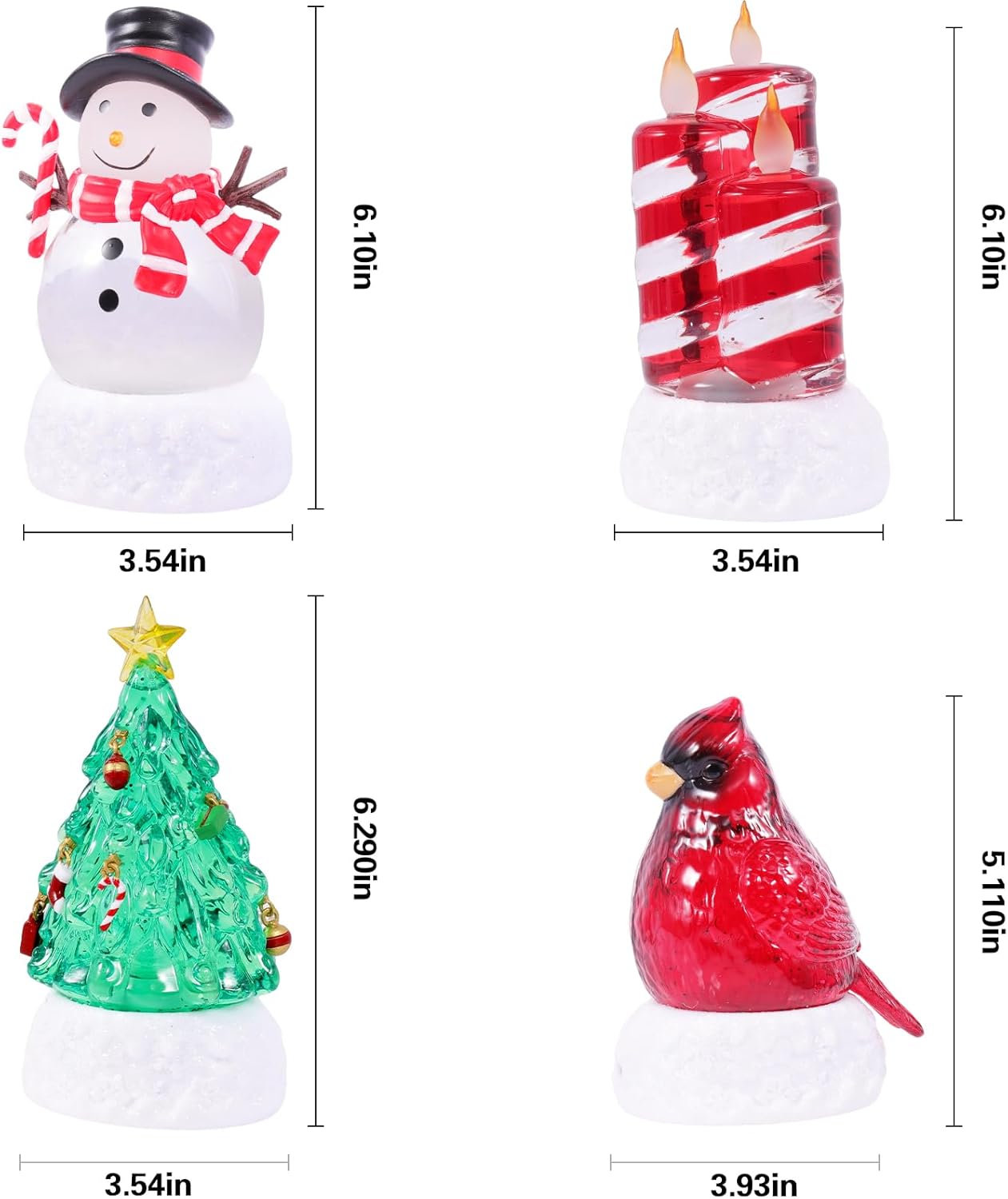 4 Pack Christmas Snow Globes Tree Snowman Cardinal Candle with 8 Songs Music and 6H Timer USB & Battery Powered Water Globe Swirling Glitter for Holiday Decorations (Tree Snowman Cardinal Candle)