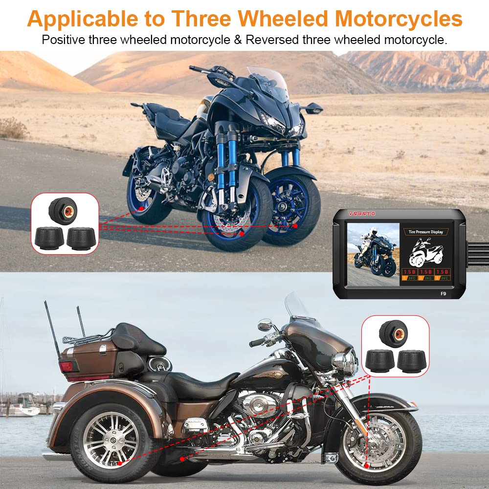 VSYSTO Enregistreur de Moto avec Trois Capteurs de Pression des Pneus Double Caméra Avant et Arrière 1080P Écran de 4,0 Pouces Wi-FI GPS WDR Étanche (6 Couches de Verre + 150° Grand Angle)