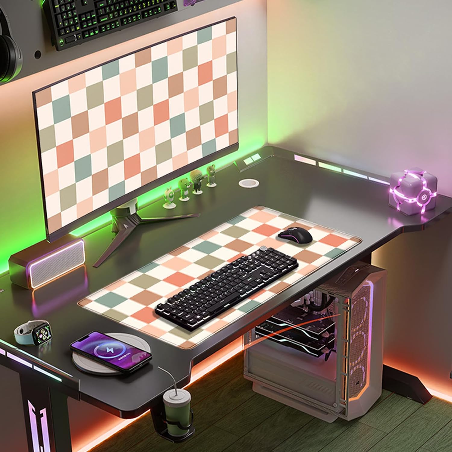 Boho Checkered Desk Mat, Retro Beige Plaid Mouse Pad Xl-31.5x15.7in-Pastel Desk Mousepad-Extended Aesthetic Keyboard Mouse Pad-for Kid Girl with Stitched Edges Non-Slip Office Decor