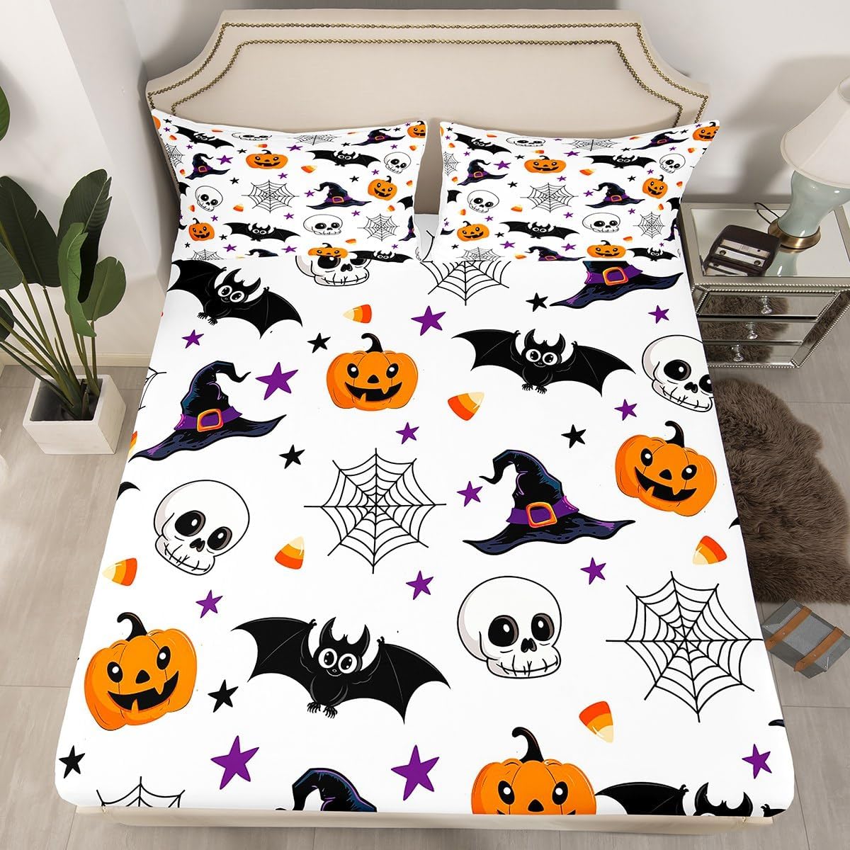 Halloween Fitted Sheet Queen Size Pumpkin and Bats Bedding Set Spiders and Skull Sheet Set,Ghost Bed Cover Ultra Soft Breathable Bedspread 3 Pcs for Kids Teens Boys Room Decor