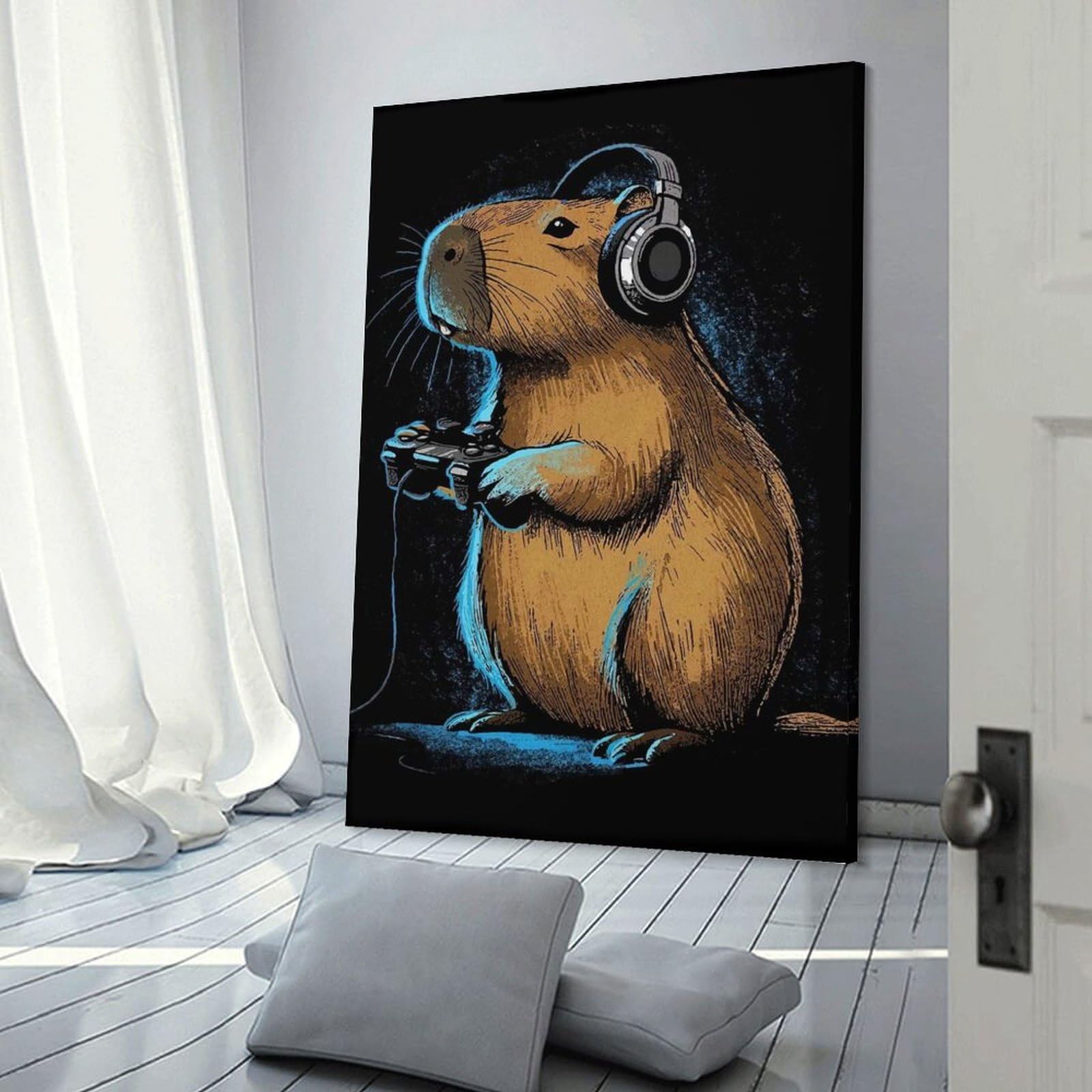 Junmoney Capybara Gamer with Headphones Wall Picture Print, 24x36inch(60x90cm), for Flats, Guest Rooms Or Compact Rooms, Decorative Canvas Decor for Home Updates