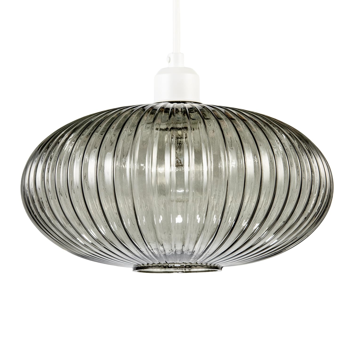 Rackhams Grey Modern Designer Smoked Line Ribbed Glass Oval Pendant Lamp Shade