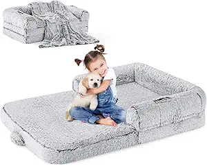 Human Dog Bed for Kids, 2 in 1 Foldable XL Bed for People Fits Pet Families, Orthopedic Calming Memory Foam Dog Sofa, Faux Fur Human Size Pet Bed with Blanket, 54"x38"x8.5", Grey