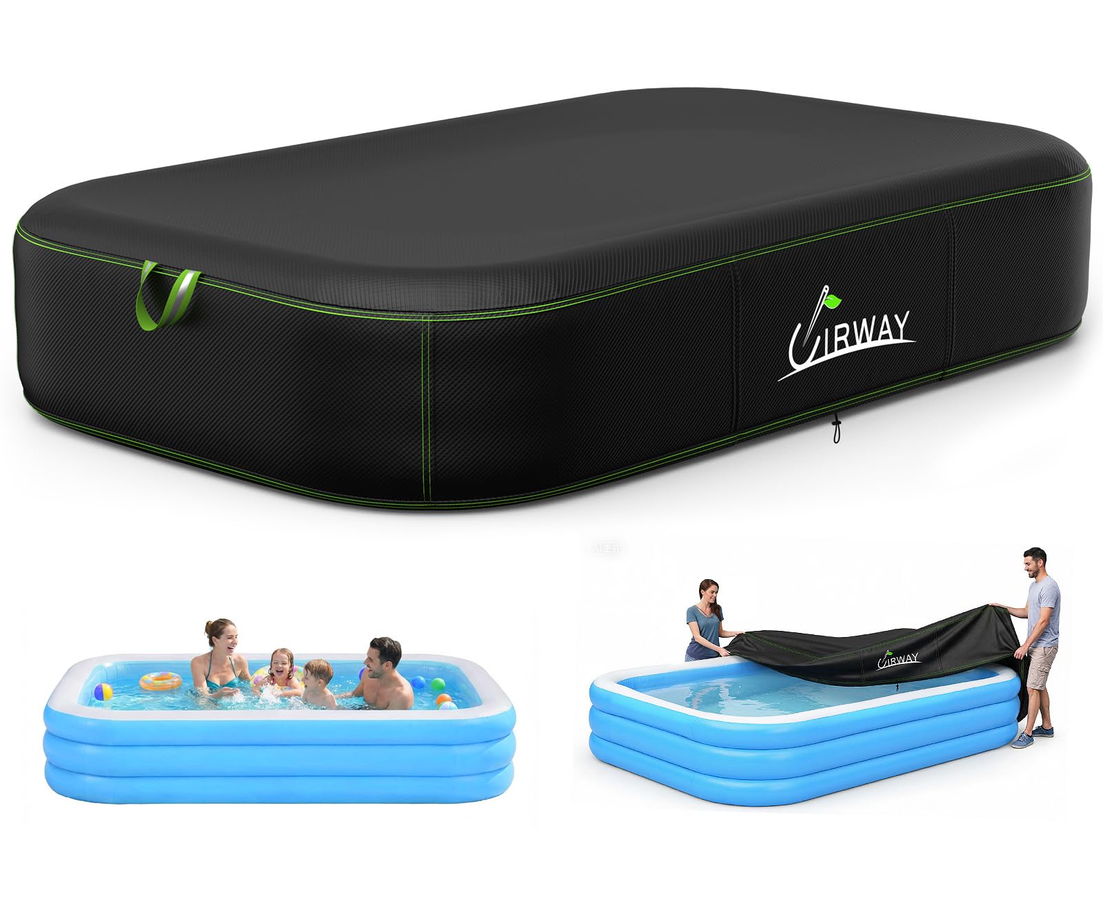UIRWAY Rectangular Pool Cover 120in x 72in, Inflatable Pool Covers for Above Ground Pools with Elastic Cord - Snug Fit & Easy Set, Outdoor Swimming Pool Cover with 2 Reflective Strip Handles, Black-image-9
