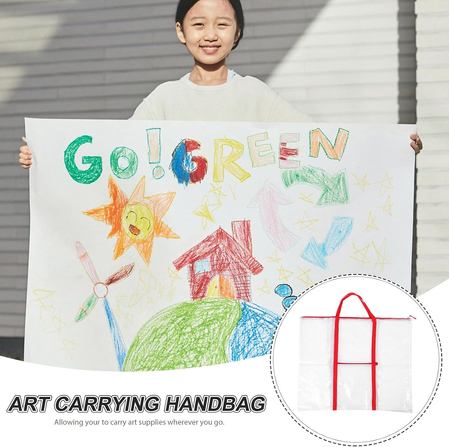 Large Art Portfolio Storage Bag with Handles, White Canvas Drawing Board Pouch with Red Strap for Artwork Transport and Poster Carrying, Portable Painting Sketch Organizer