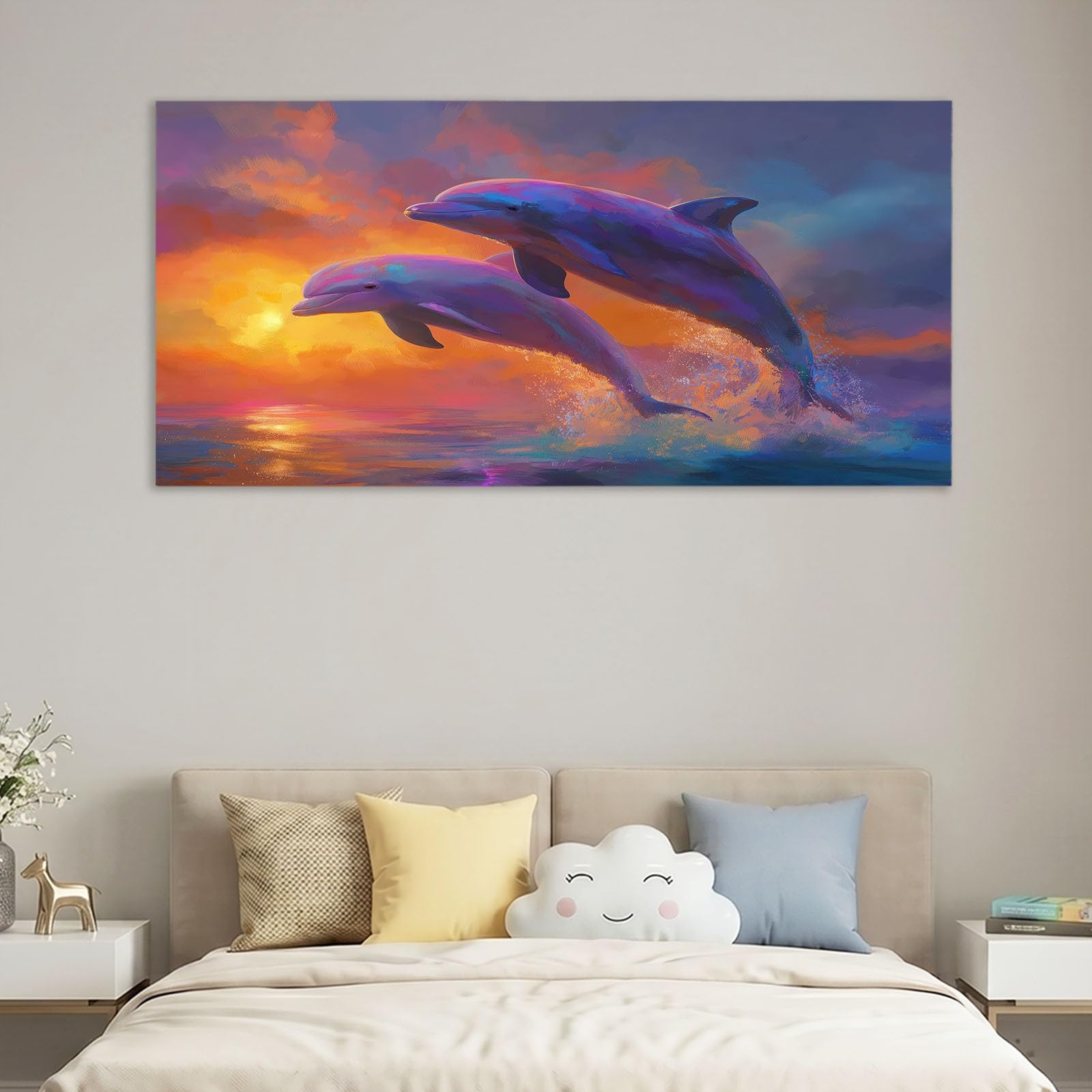 Stampa su tela, 90 x 60 cm, motivo oceano tramonto, stampa artistica da parete su tela, decorazione per camera da letto, regalo, delfino