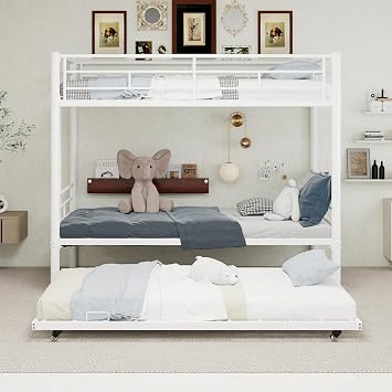 Triple Bunk Bed with Pull Out Bed, Heavy Duty Metal Triple Sleeper Bunk Beds for Kids Adults Dormitory, Space Saving 3 Person Bed with Trundle Fits 90 * 190cm Mattress White