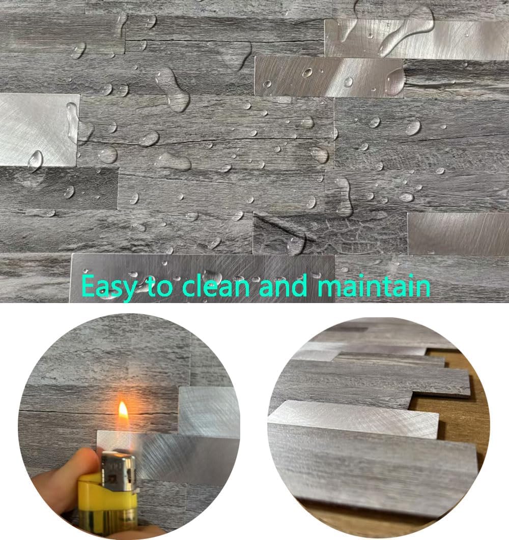 WEIMEISC 10 Sheets Backsplash Tile for Kitchen Peel and Stick, Self-Adhesive Waterproof, Metal Backsplash Subway Tile, Stick on Tiles Kitchen Bathroom (Light Grey Wood Grain+Frosted Silver)
