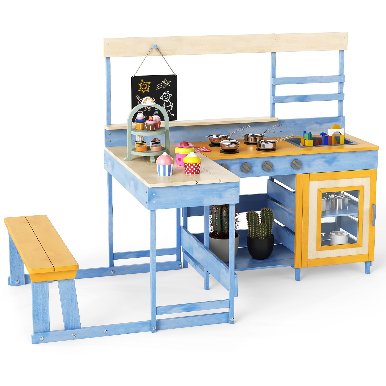 COSTWAY Mud Kitchen, Outdoor Kids Play Kitchen with Picnic Table Bench Set, Blackboard, Dessert Accessories and Kitchenware, Wooden Toddler Kitchen Playset for Backyard, Garden, Lawn (Blue+Yellow)