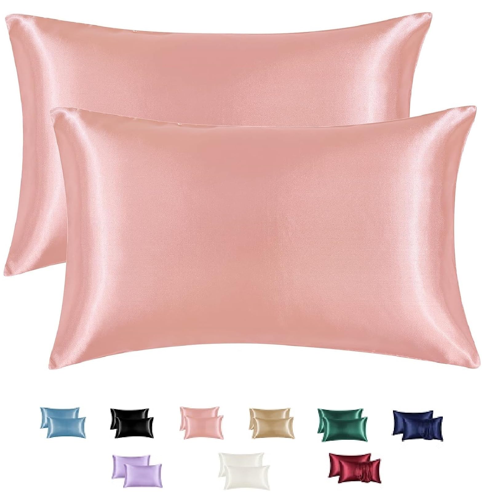 Silk Pillowcase-Satin Pillowcase Set of 2 Multicolor US King Queen Size Silk Pillow Cases for Hair and Skin Satin Pillow Covers 2 Pack Envelope Closure (Standard, Coral White)
