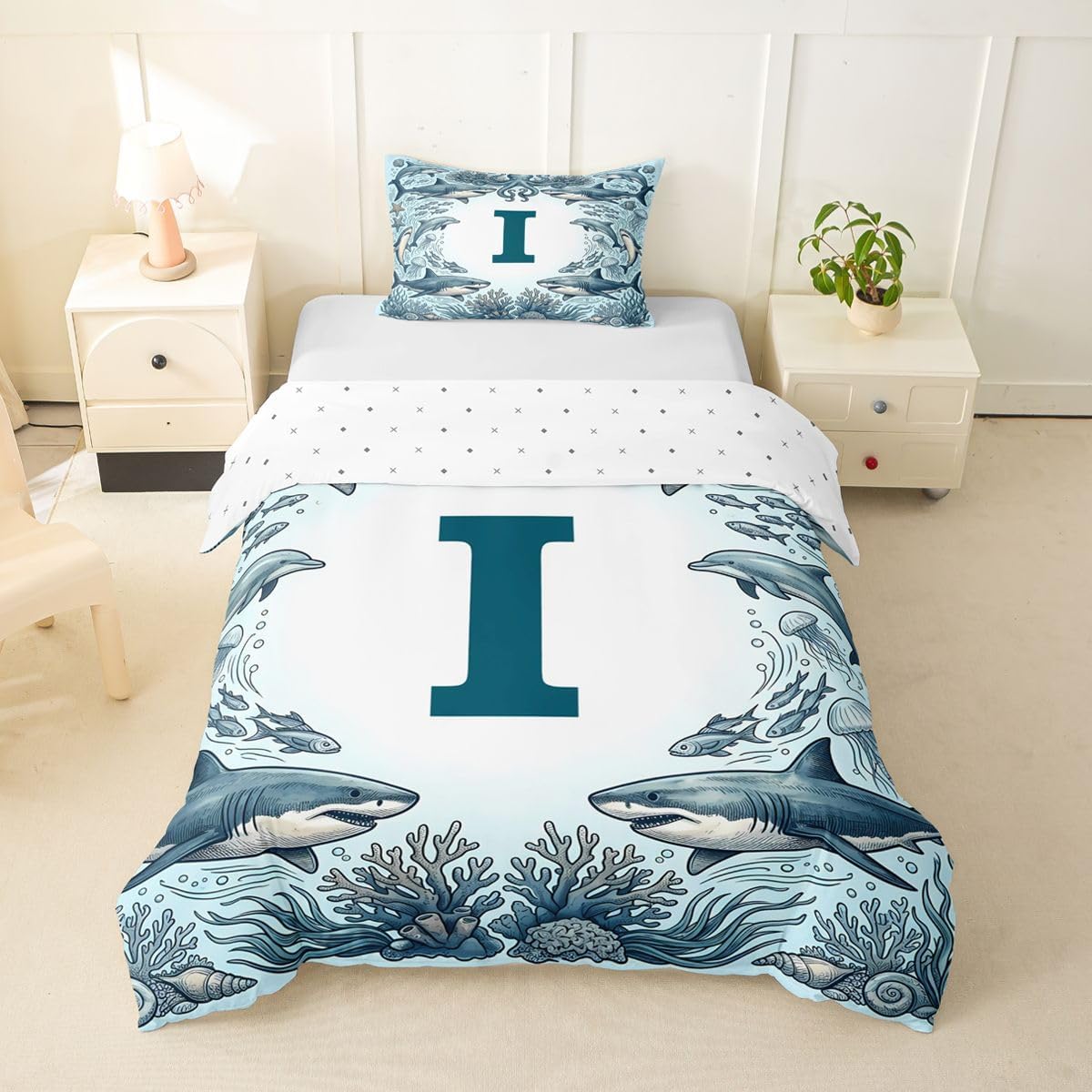 Feelyou Shark Duvet Cover Toddler Size Initial I Bedding Set Breathable Soft Sea Animal Comforter Cover 2Pcs Bedroom Decor