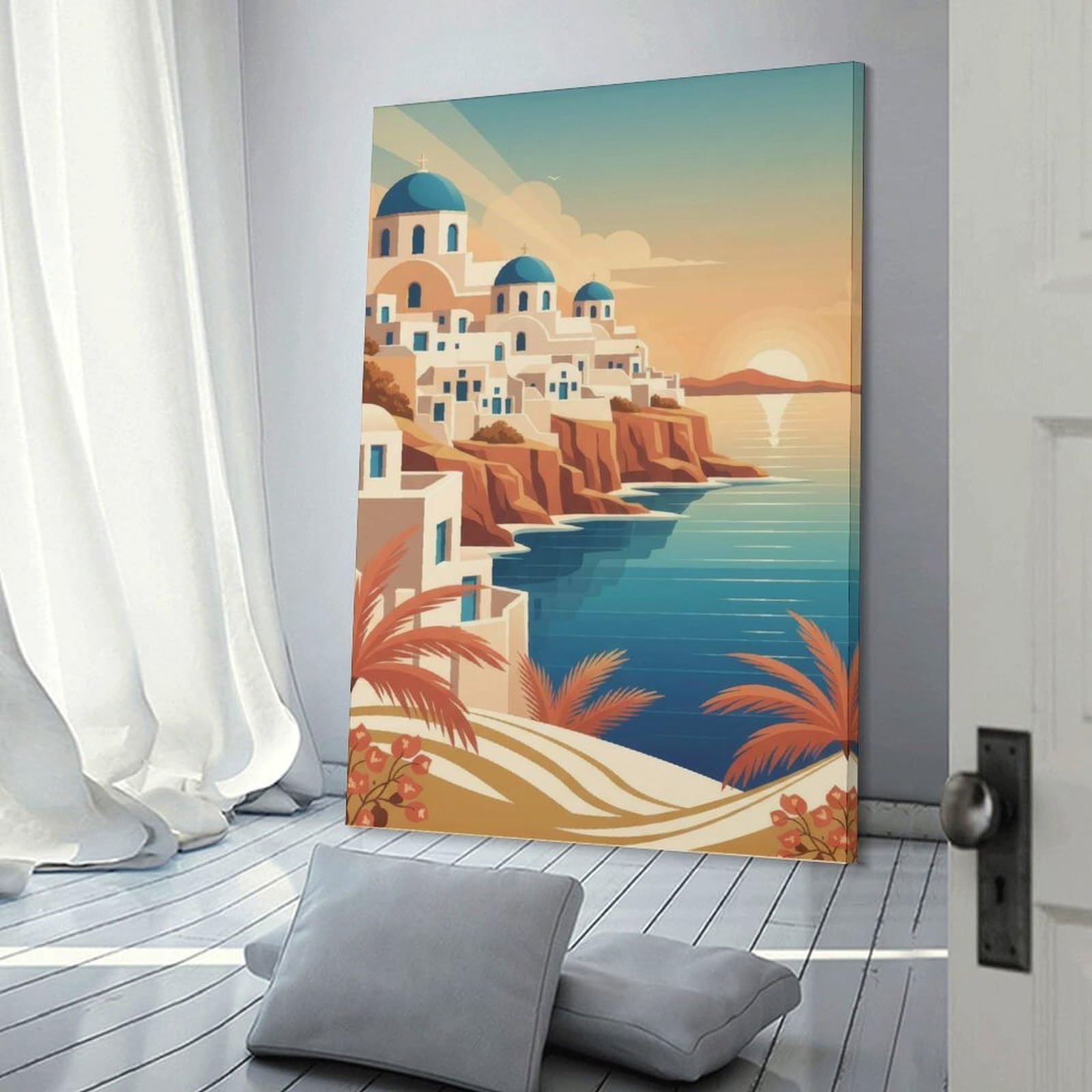 Junmoney Santorini Greece Coastal View Canvas Art Print, 20x30inch(50x75cm), for Bedroom Decor, Cosy Corners Or Studios, A Warm Accent for Relaxed Interiors