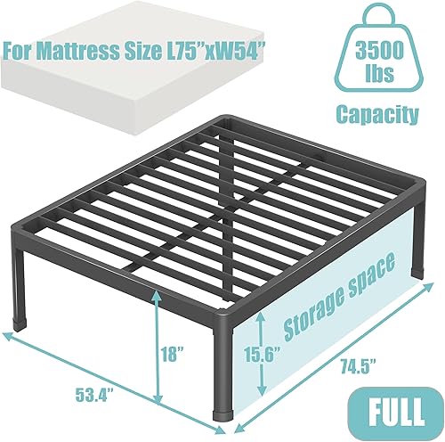 Miniatura 28 de Base de cama de tamaño matrimonial de 18 pulgadas con patas de esquina redondas, tapón deslizante de colchón, plataforma de metal resistente de 3500