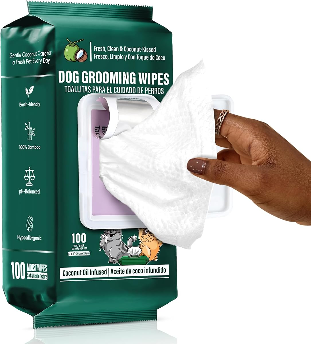 Toallitas para perros para patas y trasero, aseo hipoalergénico, 100 toallitas | Hipoalergénico, toallitas para el cuidado de mascotas, limpieza y cuidado, coco hidratante, sello de aluminio que bloquea la humedad